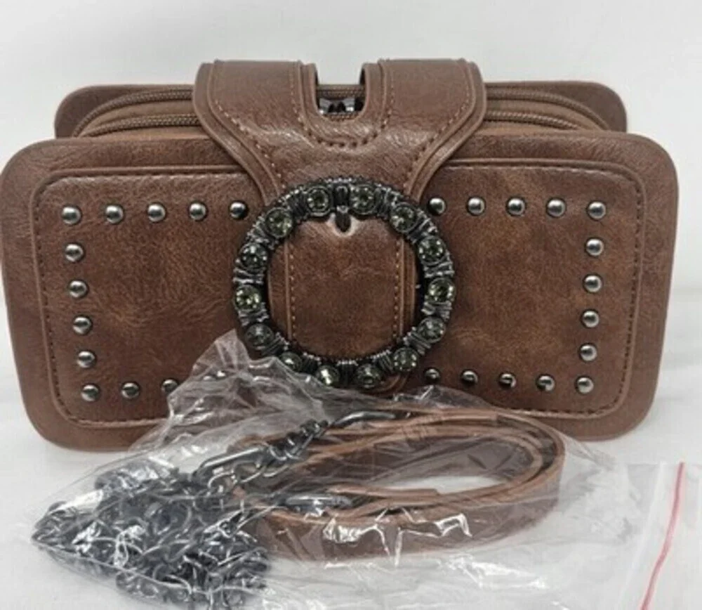 Women's Brown Stud Rhinestones Western Boho Chain Crossbody Wallet Faux Leather